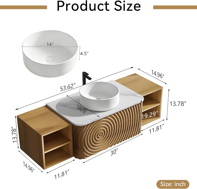54" Floating Bathroom Vanity with Sink, Mid-Century Wall Mounted Bathroom Vanity Cabinet with Wood Waved Decor,Ceramic Vessel Basin and Sintered Stone Top, Soft Close Drawer, 2 Side Open Cube