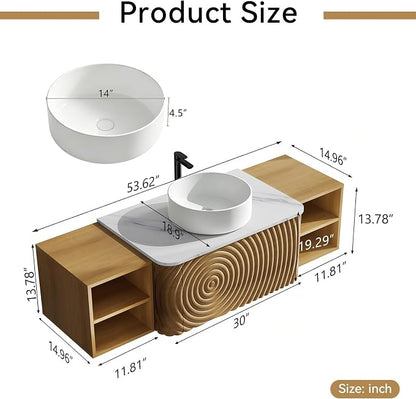 54" Floating Bathroom Vanity with Sink, Mid-Century Wall Mounted Bathroom Vanity Cabinet with Wood Waved Decor,Ceramic Vessel Basin and Sintered Stone Top, Soft Close Drawer, 2 Side Open Cube