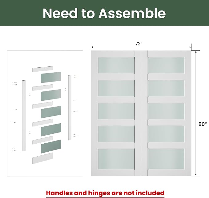 SMARTSTANDARD 72" x 80" Frosted Glass Pantry Door, Solid Core Slab Door | Need to Assembly, 5-Panel without Hardware, French Interior Door for Pantry Pocket, White Primed