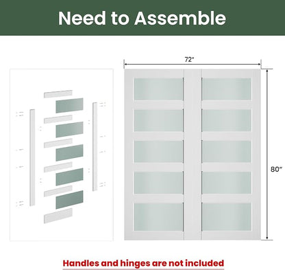 SMARTSTANDARD 72" x 80" Frosted Glass Pantry Door, Solid Core Slab Door | Need to Assembly, 5-Panel without Hardware, French Interior Door for Pantry Pocket, White Primed