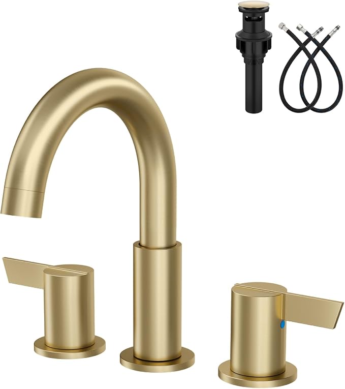Brushed Gold Bathroom Faucet 3 Hole, 8 Inch Widespread 2-Handle | SUS304 Stainless Steel, 2-Handle Control, Pop-Up Drain, Supply Lines and Mounting Hardware for 8-Inch Widespread Vanity Sinks
