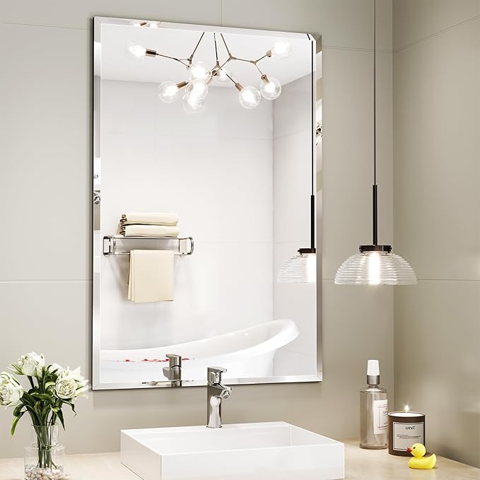 Bathroom Mirrors for Wall Beveled, 24"x36" Frameless Bathroom Vanity Mirror, Wall Mount Mirror for Bedroom Entryway Living Room Hangs Horizontally or Vertically