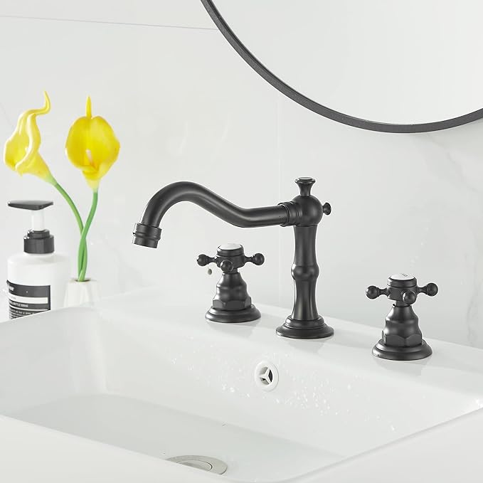 GGStudy Matte Black Bathroom Faucet 2 Handles 3 Holes Faucet 8 inch Widespread Bathroom Sink Faucet Tap Mixer Supply Hose Included Matching Metal Pop Up Drain