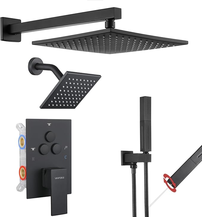 VANFOXLE Shower Faucet Set Matte Black Shower System,Push Button Diverter Shower Faucet with 2 in 1 Handheld, Wall Mount Increased Thickness 10 Inch Shower Head with 6 Inch Shower Head