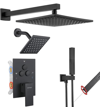 VANFOXLE Shower Faucet Set Matte Black Shower System,Push Button Diverter Shower Faucet with 2 in 1 Handheld, Wall Mount Increased Thickness 10 Inch Shower Head with 6 Inch Shower Head