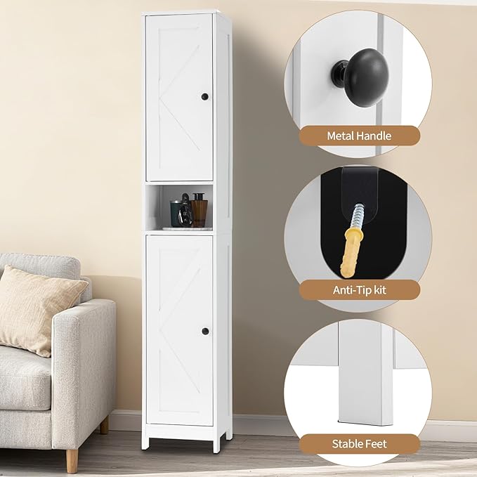 GarveeHome Tall Narrow Bathroom Cabinet, 66.9" Small Skinny Bathroom Storage Cabinet for Small Spaces | Freestanding Water Resistant Organizer for Bathroom, Kitchen, Hallway (2 Doors, White)