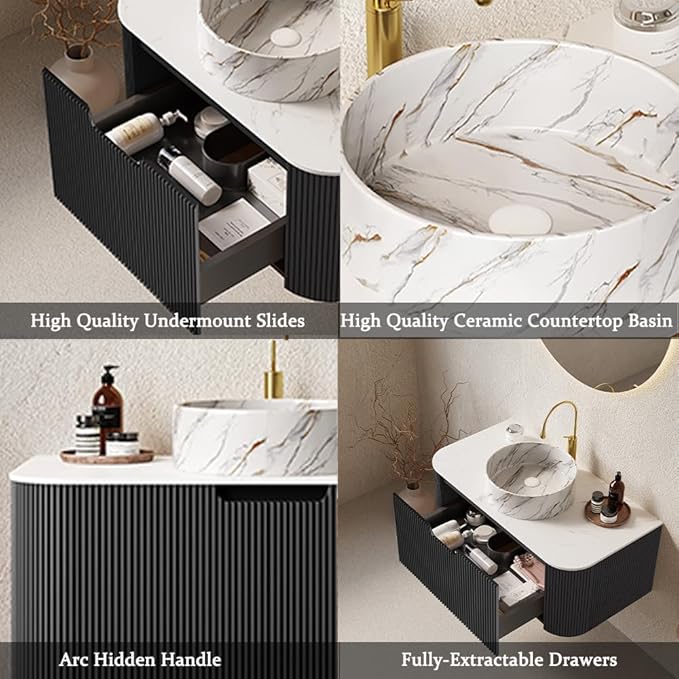 60'' Bathroom Vanities Cabinet with Sink, Wall Mounted Floating Cabinet W/Curved Edges Stripes, Oak Plywood, Soft-Close System with 2 Drawer & 2 White Round Ceramic Basin - Kiel, Black/S