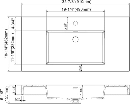 Dowell 36" Bathroom Sink,Single Bowl Vanity Basin,Rectangular Drop-In Bathroom Sink with Overflow,White-000 3618BP