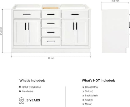 ARIEL Hepburn 60-inch Bathroom Vanity Base Cabinet,Solid Wood, 4 Soft Closing Doors, 6 Dovetail Drawers, White