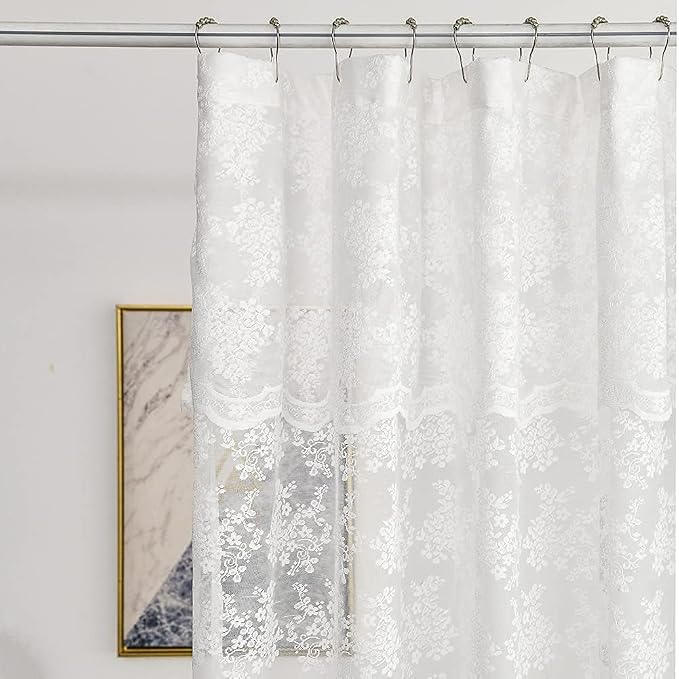 White Lace Shower Curtain 84 Inches Long with Attached Valance, 72x84 | Sheer White Floral Lace with Scalloped Trim, Light-Filtering, Adding Farmhouse Charm to Tall Bathrooms and Tubs