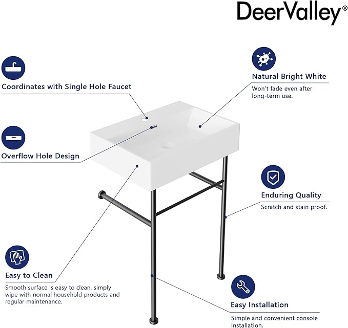 DeerValley 24"x17" Console Bathroom Sink, Free Standing 30 Inch Stainless Steel Support Pedestal Legs, Wall-Mounted White Ceramic Basin, Modern Rectangular Sink Porcelain, Matte Black