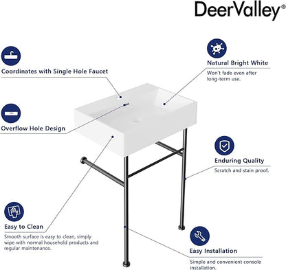 DeerValley 24"x17" Console Bathroom Sink, Free Standing 30 Inch Stainless Steel Support Pedestal Legs, Wall-Mounted White Ceramic Basin, Modern Rectangular Sink Porcelain, Matte Black