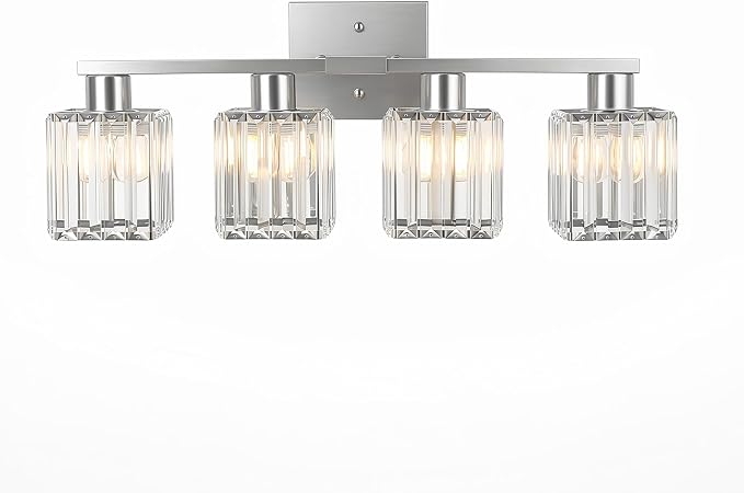 Crystal Bathroom Light Fixtures, 4-Light Brushed Nickel, Vanity Lights for Bathroom Over Mirror, Modern Bath Wall Sconce for Mirror Bedroom Living Room