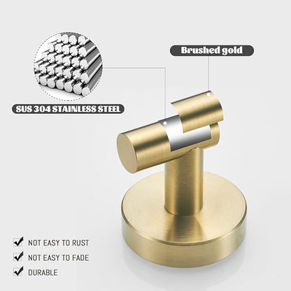 Brushed Gold Bathroom Hardware Set, Gold Toilet Paper Holder Towel Ring and 4 Robe Hooks Hand Towel Holder Bathroom Accessories Kit Wall Mount Stainless Steel, 6 Pieces