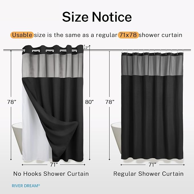 RiverDream Heavyweight Waffle No Hook Shower Curtain with Liner,Black,71x80 | Dotted Waffle,Snap-in Liner,Heavy Duty,Quick Dry,Mesh Top Window,With Bottom Magnets,Hotel-Grade,Washable,Long Size