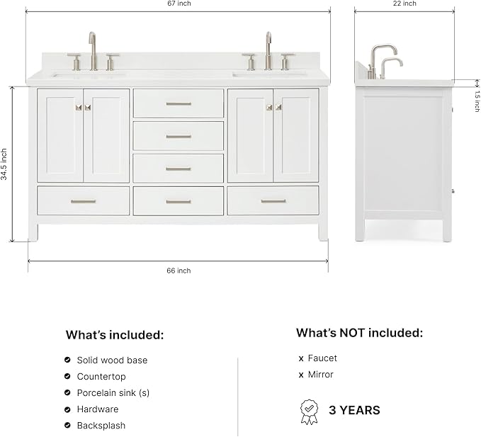 ARIEL Cambridge 66-inch Bathroom Vanity with Sink,Solid Wood, 1.5-inch Pure White Quartz Countertop & Backsplash, Double Rectangular Porcelain Sink, 4 Soft Closing Doors, 6 Dovetail Drawers, White