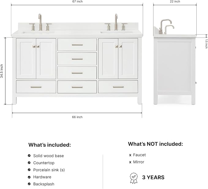 Beckford 66" White Double Bathroom Vanity, 1.5" Edge Pure White Quartz Countertop, 2 Rectangular Undermount Sinks, 4 Soft Closing Doors, 6 Dovetail Drawers