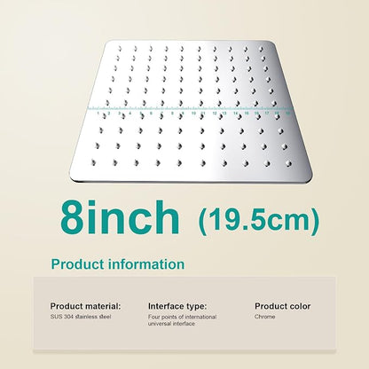 Square Rain Shower Head, High Flow Stainless Steel,Work with any decorative style，All Metal Rainfall Shower Head (Chrome, 8)