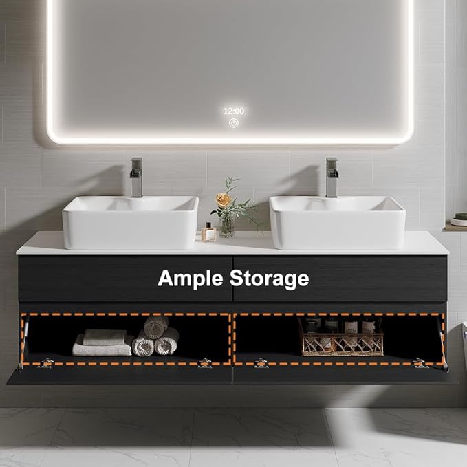 Bathroom Vanity Floating Bathroom Sink Cabinet with Ceramic Vessel Sink Wall Mounted Floating Vanity (Black & White, 59.8" W)
