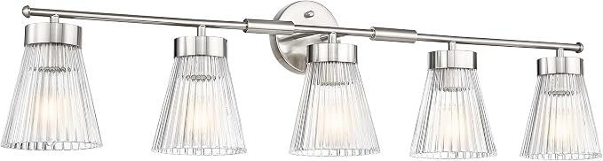 Brushed Nickel Bathroom Vanity Light, HWH 5-Light Bathroom Light Fixtures Modern Wall Vanity Lamp for Bathroom Over Mirror, Clear Striped Glass Shade, 5HZG97B-5W BN