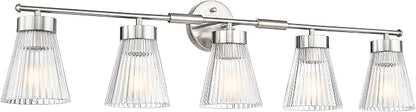 Brushed Nickel Bathroom Vanity Light, HWH 5-Light Bathroom Light Fixtures Modern Wall Vanity Lamp for Bathroom Over Mirror, Clear Striped Glass Shade, 5HZG97B-5W BN