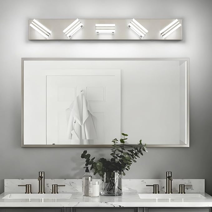SOLFART LED Bathroom Lighting Fixtures - 5 Lights Modern Brushed Nickel Acrylic Vanity Lights for Mirror 32inch 24W