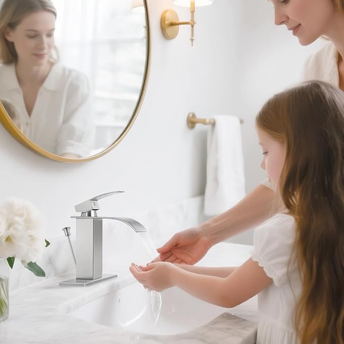 Brushed Nickel Bathroom Faucet with Lift Rod Drain, Waterfall Bathroom Sink Faucet Modern Single Handle Bathroom Faucte 1 or 3 Hole, RV Mixer Tap Vanity Faucet Washbasin Faucet with Deck