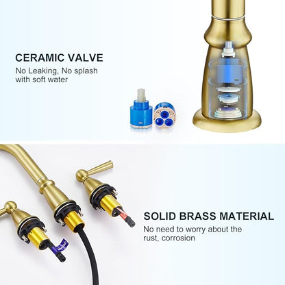 CREA Widespread Bathroom Faucet 3 Hole Brushed Gold Sink Faucet 8 inch with Pop Up Drain 2 Handle 4 inch Faucets for Vanity Lavatory Basin Restroom Bath Sink