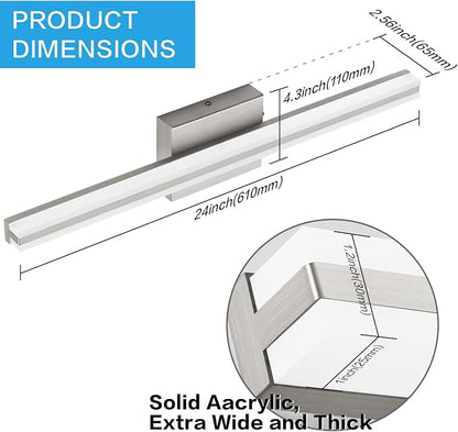 SOLFART Vanity Lights for Bathroom Brushed Nickel Dimmable Bathroom Lighting Over Mirror 24 Inch LED Wall Lights S8200-610mm-NK-D