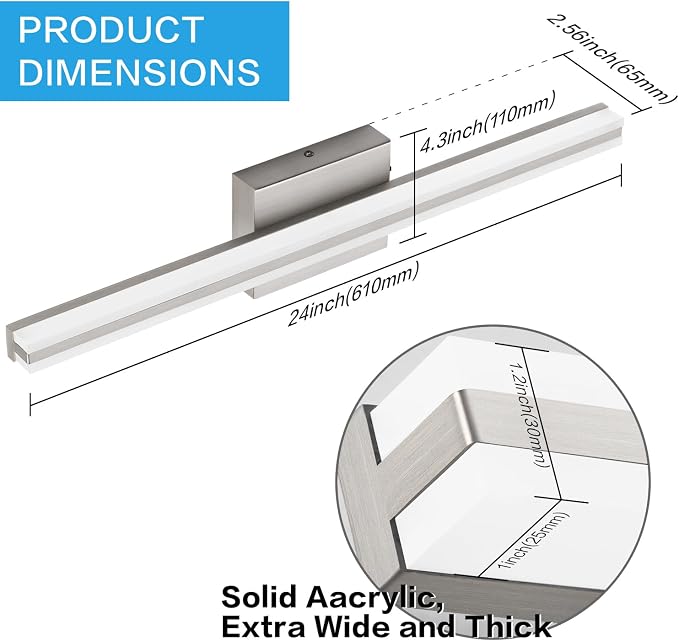 SOLFART Bathroom Light Fixtures Over Mirror 24 Inch Brushed Nickel Modern Vanity Light 5CCT Adjustable Brightness LED Mirror Light Fixture Anti-Glare Lighting Wide Illumination