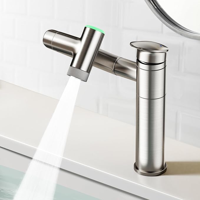Modern Bathroom Faucet 1 Hole with Temperature Display(Batteries-Free), 1080° Rotatable Single Hole Bathroom Faucet, Single Handle Bathroom Vanity Faucets, 2 Spray Modes (Brushed Nickel)