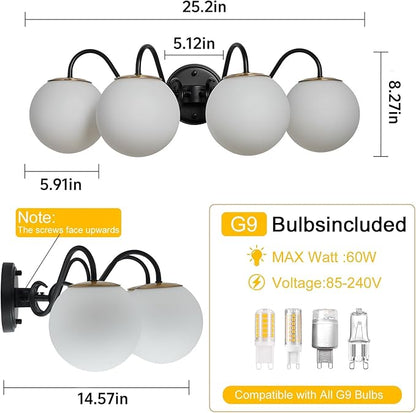 4 Lights Vintage Bathroom Vanity Light Fixtures Over Mirror, Matte Black Vanity Lights For Bathroom With Milk White Glass Globe Shade, Wall Lights For Bedroom, Hallway, Dressing Table(Includ G9 Bulbs)