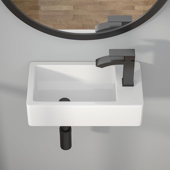 Wallmounted Bathroom Vessel Sink - 18"x10" Rectangular Floating Wall Hung Sinks Ceramic Wash Hand Basin White Wall Mount Vanity Sink for Small Bathroom