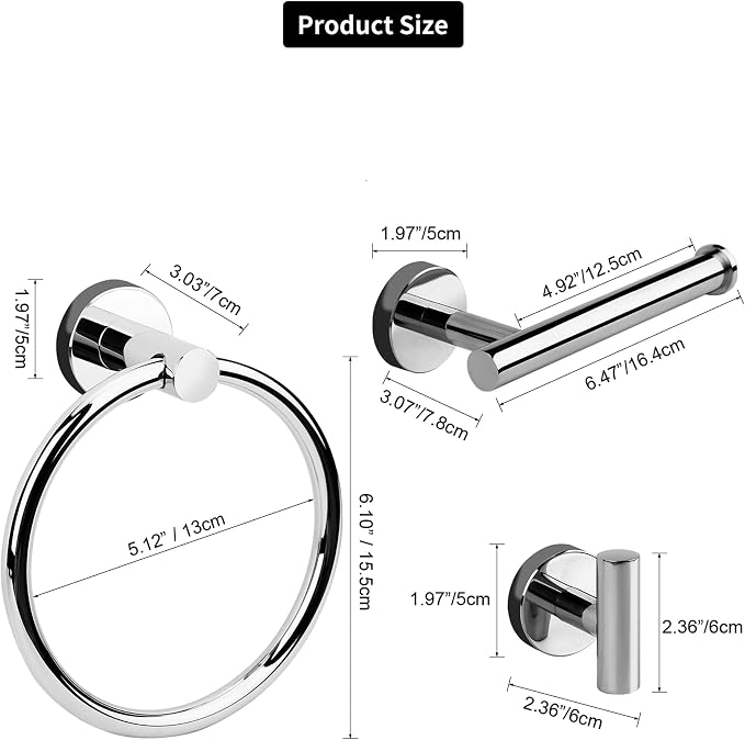 4-Piece Polished Chrome Bathroom Hardware Set - Toilet Paper Holder and Hand Towel Holder, Towel Ring Wall Mounted, Stainless Steel Accessories Set - Silver