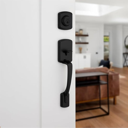 Kwikset Henley Front Door Lock Handle and Deadbolt Set, Entry Handleset Exterior with Interior Reversible Lever, Matte Black, Pick Resistant SmartKey Rekey Deadbolt Security, with Microban Protection
