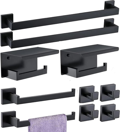 Bathroom Hardware Set 10 Piece Matte Black Bathroom Accessories Set SUS304 Towel Bar Set Includes 2 Towel Bar 24 Inch+2 Towel Holder+2 Toilet Paper Holder+4 Towel Hooks (10, Matte Black)