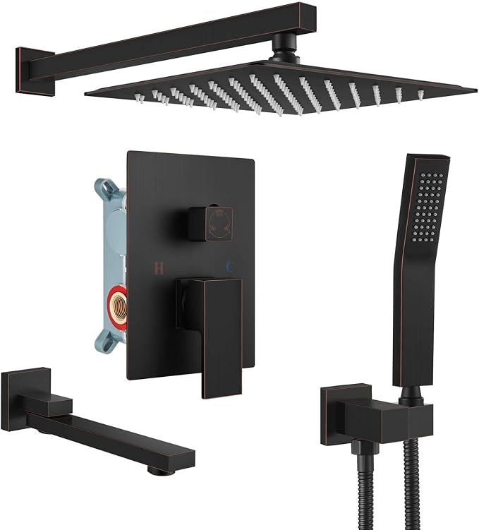 gotonovo Tub Shower Faucet Set with Valve Kit 10’’ Head,Oil Rubbed Bronze | Shower System with Tub Spout,SUS304 Rain Head with Handheld Sprayer,Swivel Spout,All Metal,Rough-In Valve Trim Kit,Wall Mount