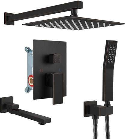 gotonovo Tub Shower Faucet Set with Valve Kit 10’’ Head,Oil Rubbed Bronze | Shower System with Tub Spout,SUS304 Rain Head with Handheld Sprayer,Swivel Spout,All Metal,Rough-In Valve Trim Kit,Wall Mount