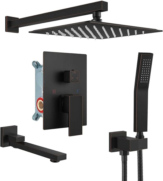 gotonovo Tub Shower Faucet Set with Valve Kit 10’’ Head,Oil Rubbed Bronze | Shower System with Tub Spout,SUS304 Rain Head with Handheld Sprayer,Swivel Spout,All Metal,Rough-In Valve Trim Kit,Wall Mount