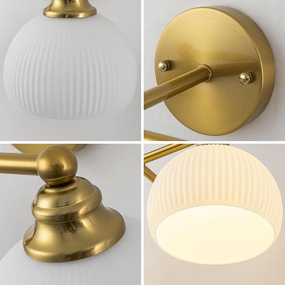 Bathroom Vanity Light Fixtures 2 Light Modern Bathroom Lights over Mirror | Vintage Gold Antique Restroom Light Fixture with Milk White Glass Shade for Bathroom, Bedroom E26 Base
