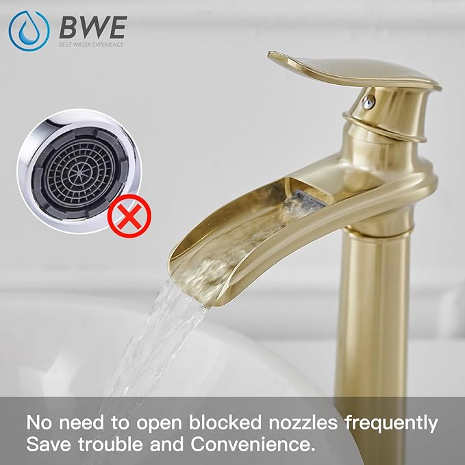 BWE Bathroom Vessel Sink Faucet Waterfall Spout Single Handle One Hole Solid Brass Deck Mount Brushed Gold Lavatory Mixer Tap Lavatory Vanity Sink Faucet with Pop Up Drain