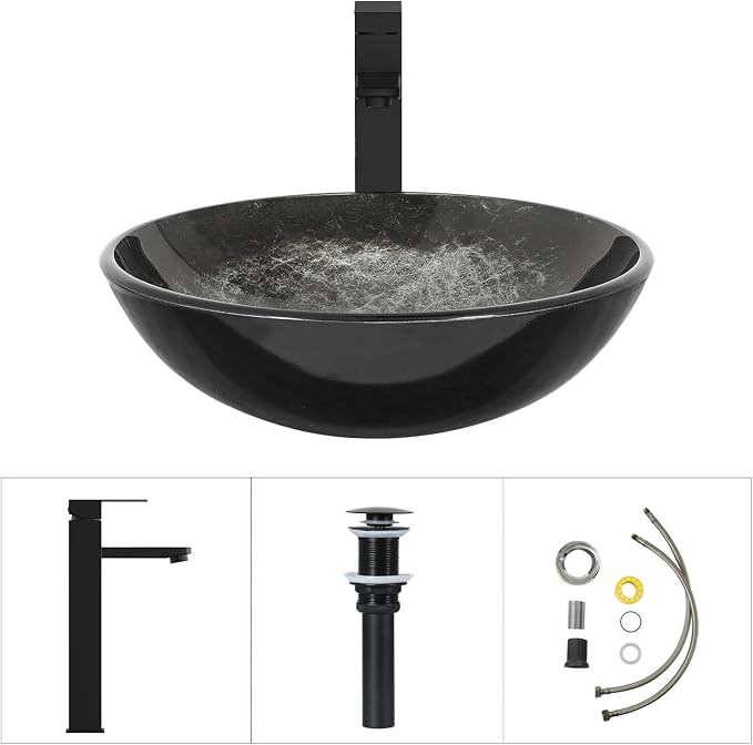 Bathroom Artistic Vessel Sink, Tempered Glass Vanity Round Bowl, Black | Black Faucet, Pop Up Drain, Above Counter, Easy Clean