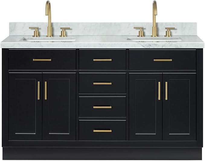 ARIEL Hepburn 60-inch Bathroom Vanity with Sink,Solid Wood, 1.5-inch Italian Carrara Marble Countertop, Double Rectangular Porcelain Sink, 4 Soft Closing Doors, 6 Dovetail Drawers, Black