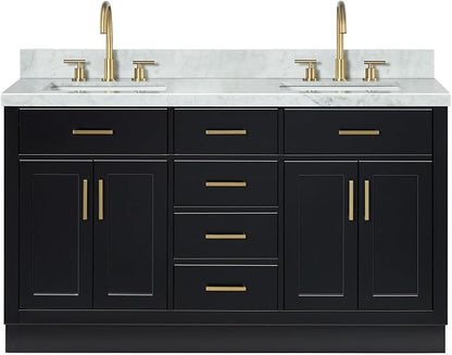 ARIEL Hepburn 60-inch Bathroom Vanity with Sink,Solid Wood, 1.5-inch Italian Carrara Marble Countertop, Double Rectangular Porcelain Sink, 4 Soft Closing Doors, 6 Dovetail Drawers, Black