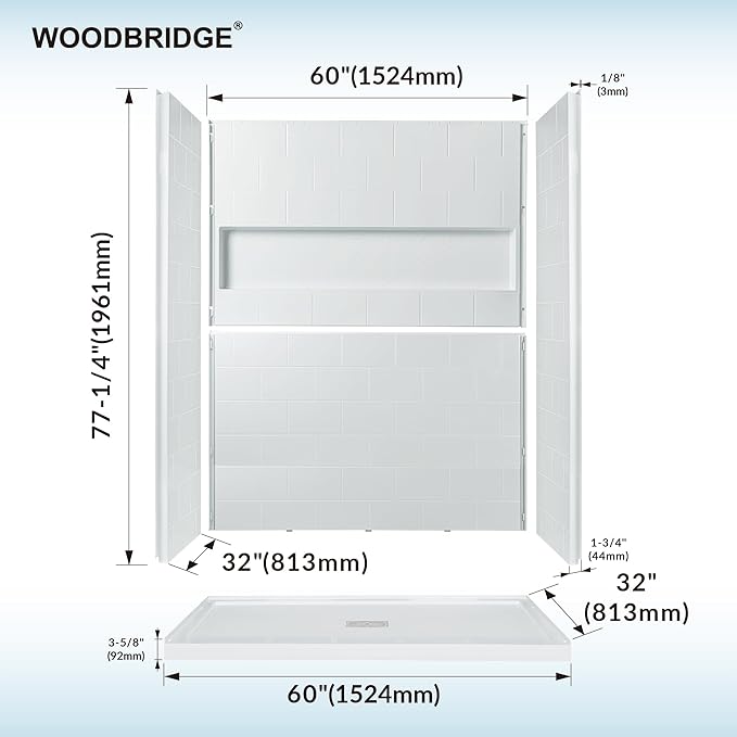 WOODBRIDGE 60"L x 32"W Shower Combo Kits with Glue Up Shower Walls in Glossy White and Shower Base with Center Drain in White