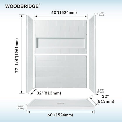 WOODBRIDGE 60"L x 32"W Shower Combo Kits with Glue Up Shower Walls in Glossy White and Shower Base with Center Drain in White