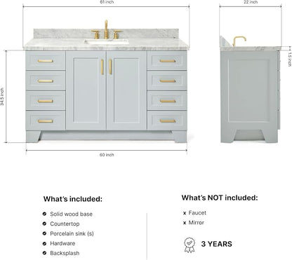 Emilia 60 Inch Bathroom Vanity Single Sink — Grey Bathroom Vanity with Sink, 1.5" Edge Italian Carrara Marble Countertop, Solid Wood, 2 Soft-Close Doors, 9 Dovetail Drawers