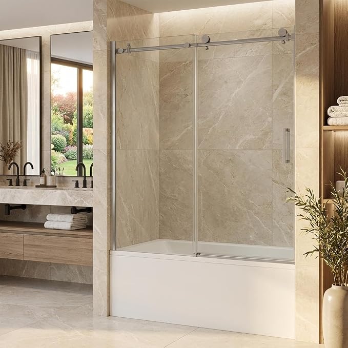 56-60" W x 59" H Frameless Sliding Shower Door, 5/16" (8mm) Tempered Glass with Explosion-Proof Film, Brushed Nickel Bypass Door with Seal Strips for Walk-in Shower