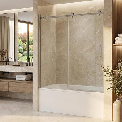 56-60" W x 59" H Frameless Sliding Shower Door, 5/16" (8mm) Tempered Glass with Explosion-Proof Film, Brushed Nickel Bypass Door with Seal Strips for Walk-in Shower