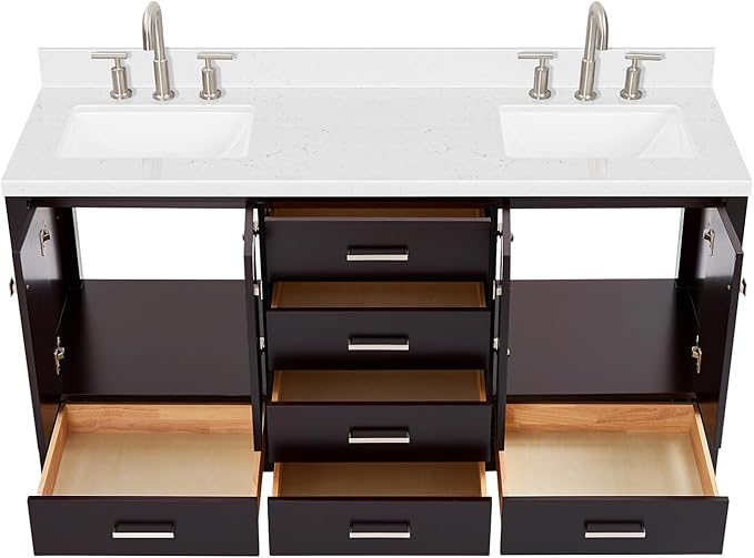 DKB Beckford 66" Espresso Double Bathroom Vanity, 1.5" Carrara White Quartz Countertop, Dual Rectangular Undermount Sinks, 4 Soft Closing Shaker Doors, 6 Full Extension Dovetail Drawers